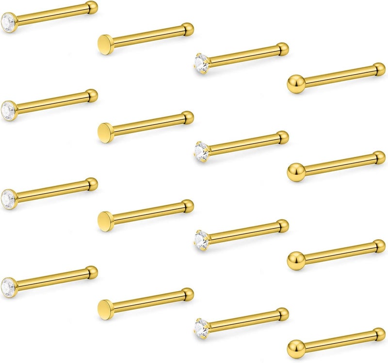 Hoeudjo Nose Studs Surgical Steel Cubic Zirconia Nose Rings Kit for Women Men 2mm Nose Stud Screw & Bone & L Shaped Nostril Rings Piercing Jewelry 22 Gauge 16 Pieces - Image 1